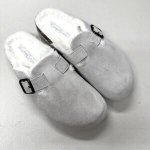 The White Company Grey Suede Corkbed Mule Sandals Womens 9/10 M Sherling Lined